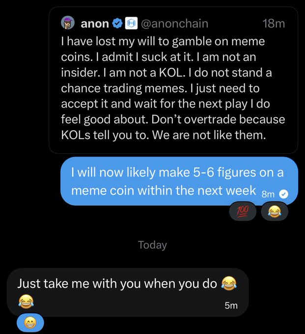 The image shows a Twitter/X thread from @anonchain admitting to struggling with meme coin trading, followed by a confident reply declaring "I will now likely make 5-6 figures on a meme coin within the next week," and another user jokingly begging "Just take me with you when you do." The exchange humorously contrasts self-deprecating honesty about trading losses with sudden bullish conviction, tying into the accompanying post's anticipation of a breakout on $MEOW to turn a small position into millions.