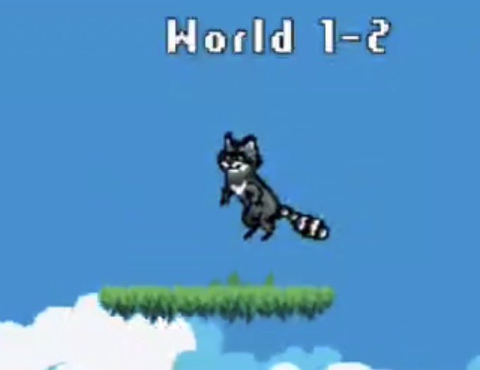 A screenshot from a retro platformer video game showing 'World 1-2' at the top, with a black and white raccoon character jumping in mid-air above a grass platform against a blue sky.