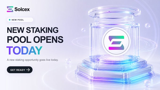 The image is a promotional graphic for Solcex announcing "NEW STAKING POOL OPENS TODAY," featuring a glowing 3D cylinder displaying the Solcex logo alongside a "GET READY" call-to-action button. It visually reinforces the post's announcement that new Solcex staking pools have launched, highlighting the urgency to stake before the VIP pool's 30% APY capacity fills up.