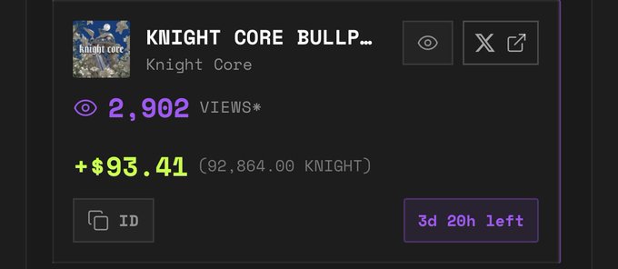 A thumbnail or listing for 'KNIGHT CORE BULLP...' with 2,902 views and +$93.41 (92,864.00 KNIGHT), showing 3d 20h left.