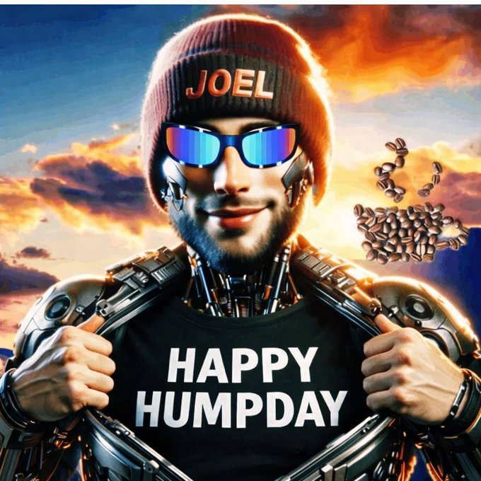 A digitally edited image of a bearded man in futuristic armor pulling open his shirt to reveal a black tee with "HAPPY HUMPDAY" printed on it, wearing a beanie reading "JOEL" and reflective sunglasses, with floating letters in the background.