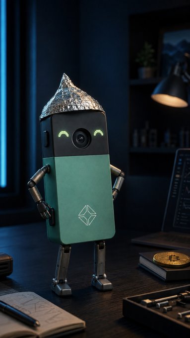A cartoonish teal and black robot with a foil hat and an Ethereum logo on its chest stands on a desk next to a Bitcoin and a laptop, visually illustrating the post about Blockstream Jade's camera-equipped hardware wallet and its QR-based self-custody workflow for features like device unlock and PSBT signing.