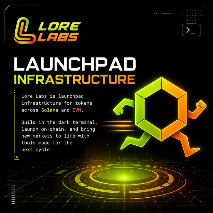 A promotional graphic for Lore Labs' "Launchpad Infrastructure" features a 3D hexagonal character running across a glowing tech-style grid, with text explaining the platform's role as token launch tech across Solana and EVM chains, directly visualizing the "next cycle" infrastructure described in the post.