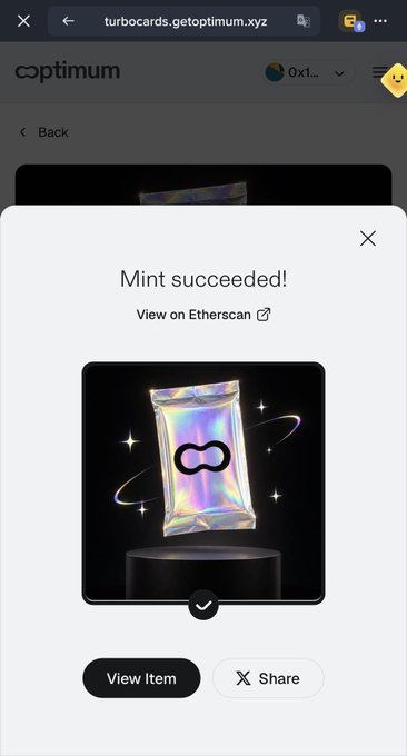 A mobile browser screenshot shows a confirmation modal reading “Mint succeeded!” with a holographic Ethereum-themed card image and buttons for “View Item” and “Share.” It confirms the user successfully minted an Optimum Turbo Card; the accompanying post specifies #33, slot 15116975, 96 ms latency, a 3.6× speed boost, and a total supply of 999.