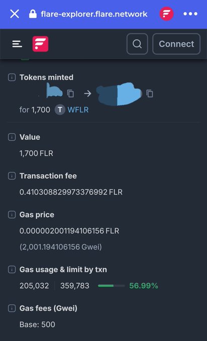 A Flare Explorer transaction receipt confirms minting of 1,700 WFLR tokens for 1,700 FLR, with a base fee of 500 Gwei and a 0.41 FLR transaction fee—corroborating the post's claim that FIP.16's P-chain weighting is live and driving a 20x fee increase.