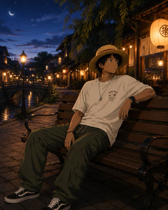 An anime-style illustration of a young man sitting on a bench at night in a town setting, wearing a straw hat, white t-shirt, olive cargo pants, and black sneakers, with glowing paper lanterns in the background.