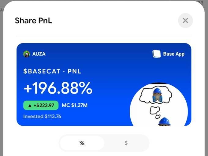 A 'Share PnL' screenshot showing a +196.88% gain on $BASECAT token, with an investment of $113.76 and a market cap of $1.27M, created on Base App by AUZA.