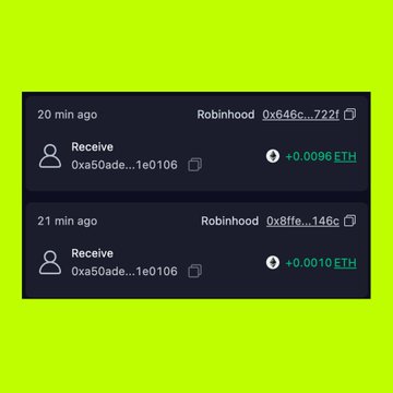 A digital wallet interface on a green background shows two recent Ethereum (ETH) receive transactions from Robinhood: +0.0096 ETH from 20 minutes ago and +0.0010 ETH from 21 minutes ago.