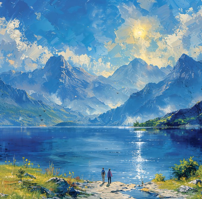 A painted landscape illustration shows two people standing on a rocky shore, gazing at a serene blue lake surrounded by majestic mountains under a cloudy sky.