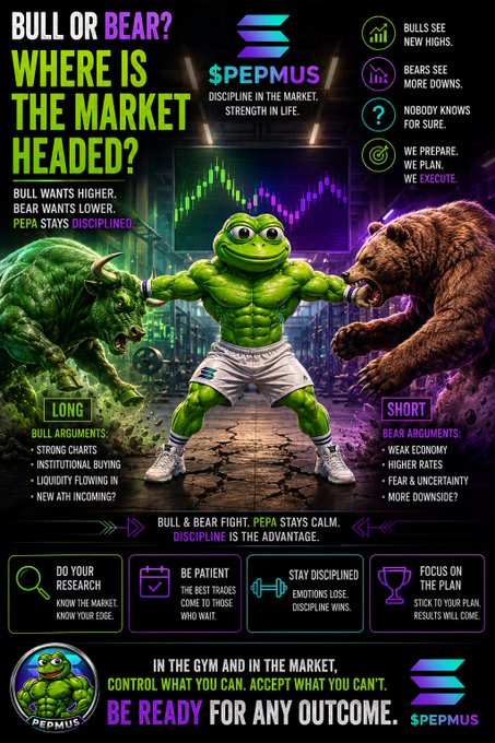 PEPE cryptocurrency marketing poster titled 'BULL OR BEAR?' showing a muscular Pepe frog between a green bull and a brown bear, outlining arguments for long vs. short positions.