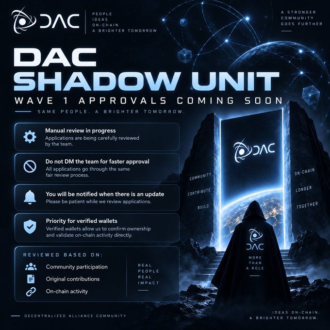 A promotional graphic for 'DAC SHADOW UNIT' featuring a hooded figure facing a glowing portal, with text announcing 'WAVE 1 APPROVALS COMING SOON' and listing review criteria like community participation and on-chain activity.