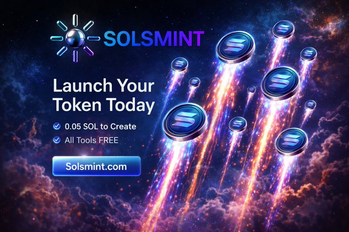 A promotional banner for 'SOLSMINT' encouraging users to 'Launch Your Token Today' on Solsmint.com, showing digital tokens falling with light streaks against a cosmic space background, with text noting '0.05 SOL to Create' and 'All Tools FREE'.