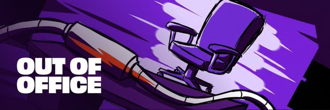 A purple-toned illustration of a robotic or mechanical character with cables and tubes, accompanied by the text 'OUT OF OFFICE' in white.