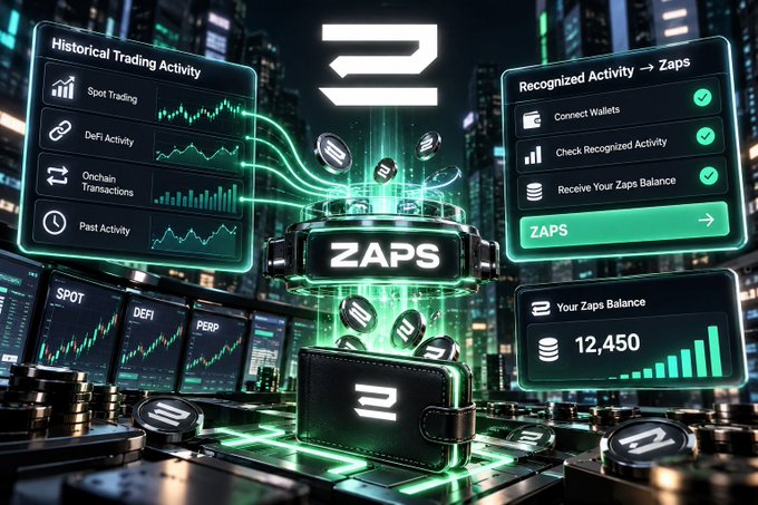 A futuristic dashboard visualizes the Zaps rewards system from Zeru Finance, showing "Historical Trading Activity" panels (Spot Trading, DeFi Activity, Onchain Transactions, Past Activity) on the left connecting to a glowing "ZAPS" hub that distributes "Recognized Activity" steps (Connect Wallets, Check Recognized Activity, Receive Your Zaps Balance), with a final balance of "12,450" displayed alongside SPOT, DEFI, and PERP trading screens.

The image illustrates the post's point by depicting how prior trading behavior across spot, DeFi, and onchain activity is recognized and converted into a tangible Zaps balance—rewarding users based on their historical engagement rather than starting everyone at zero.