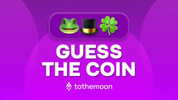 A vibrant purple promotional image for a 'GUESS THE COIN' game by tothemoon, featuring emoji-style icons of a frog, a top hat, and a four-leaf clover at the top.