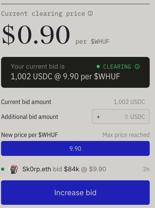 A clearing auction interface showing $WHUF with a current clearing price of $0.90 per $WHUF and a current bid of 1,002 USDC at $9.90, with an 'Increase bid' button. The bidder Sk0rp.eth is shown bidding $84k @ $9.90.