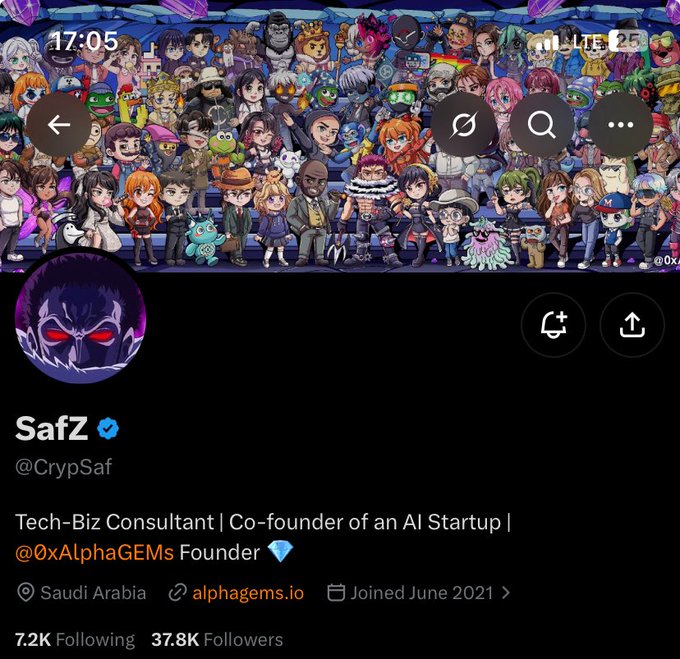 An X (Twitter) profile for @CrypSaf (SafZ), a Tech-Biz Consultant and AI Startup co-founder based in Saudi Arabia, with 37.8K followers.