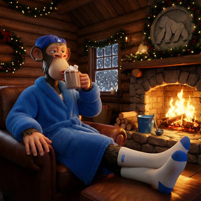 A cartoon monkey relaxes in a cozy log cabin, sipping hot chocolate by a warm fireplace, wearing a blue bathrobe, nightcap, and mismatched socks. The plush robe, soft lighting, and crackling fire perfectly capture the post's "comfy" vibe.