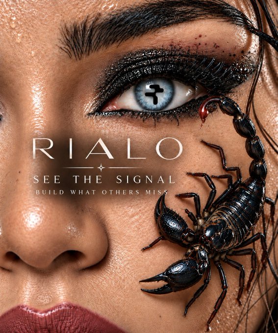 A promotional image features a close-up of a woman's face with a black scorpion near her eye, accompanied by text reading 'RIALO', 'SEE THE SIGNAL', and 'BUILD WHAT OTHERS MISS'.