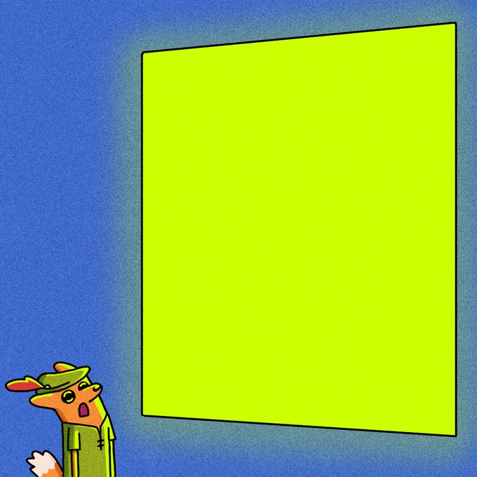 A cartoon fox in a green outfit and hat looks up in surprise at a large, blank neon yellow rectangle, which likely represents a ticker or name for the given post.