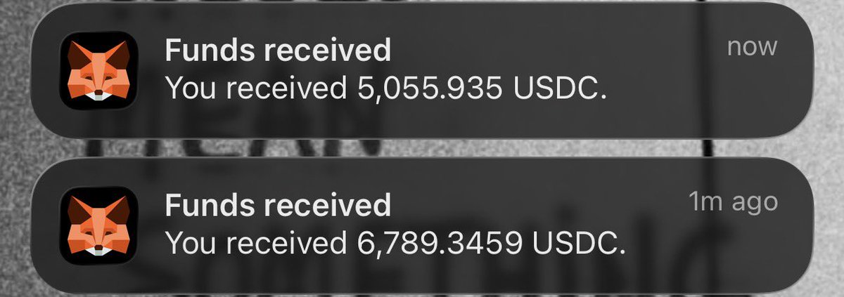 Two dark wallet notifications from MetaMask show “Funds received”: “You received 5,055.935 USDC.” marked “now,” and “You received 6,789.3459 USDC.” marked “1m ago.”