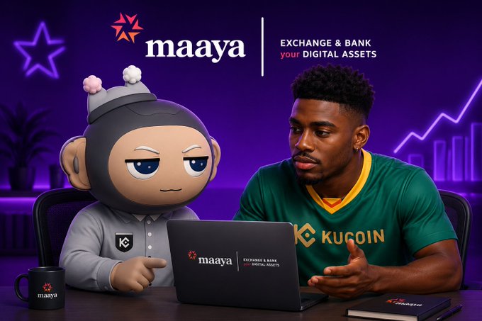 A promotional image for "maaya" exchange showing a KuCoin mascot character and a man in a green KuCoin jersey sitting at a laptop, with text "EXCHANGE & BANK your DIGITAL ASSETS" on a purple background.