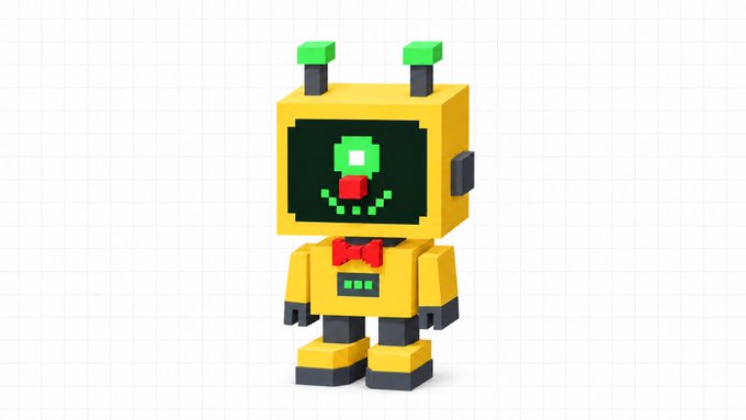 A blocky yellow pixel-art robot with green antennae, a red bow tie, and a green-and-red face display stands on a white grid background.