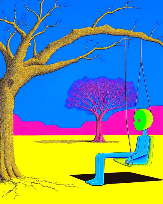A vibrant surrealist digital illustration shows a blue humanoid figure with a green head sitting on a swing hanging from a yellow tree, set against a bright blue sky with a magenta tree and yellow ground.