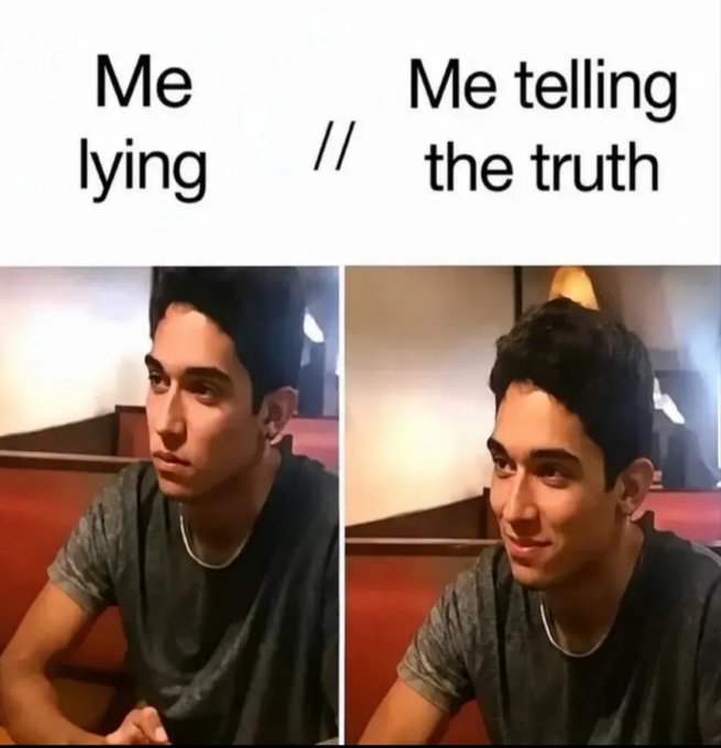 A two-panel meme showing the same young man where the left side labeled 'Me lying' shows him with a serious expression, while the right side labeled 'Me telling the truth' shows him smiling.