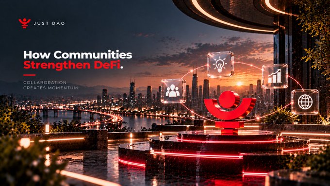 A Just DAO promotional image titled 'How Communities Strengthen DeFi' with the subtitle 'Collaboration Creates Momentum,' depicting the DAO logo and icons for ideas, people, growth, and global connectivity in a futuristic city.