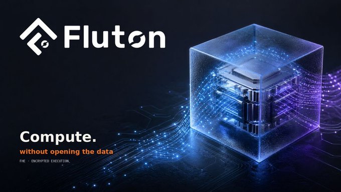A digital advertisement for "Fluton" displaying a glowing blue 3D cube containing a computer chip, with the text "Compute. without opening the data" and "FHE - ENCRYPTED EXECUTION."