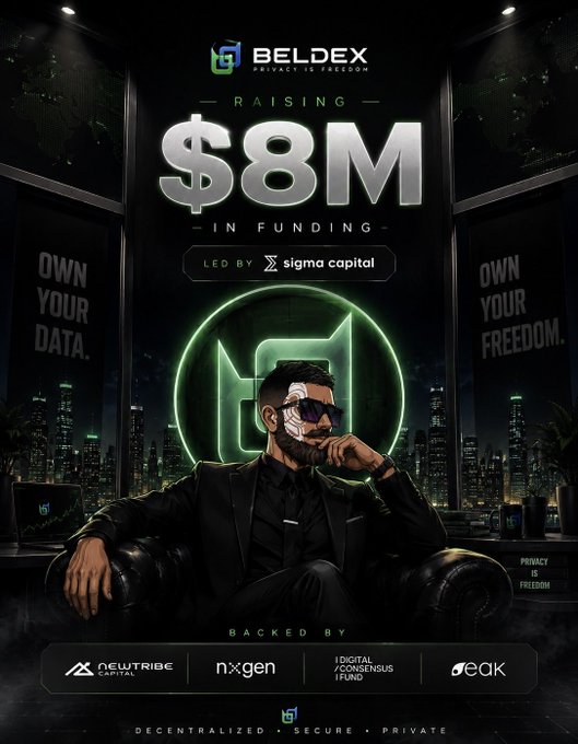 A promotional poster for Beldex announcing they are raising $8M in funding, led by Sigma Capital and backed by NewTribe Capital, NXGen, Digital Consensus iFund, and Oak, with slogans 'Own Your Data' and 'Own Your Freedom'.