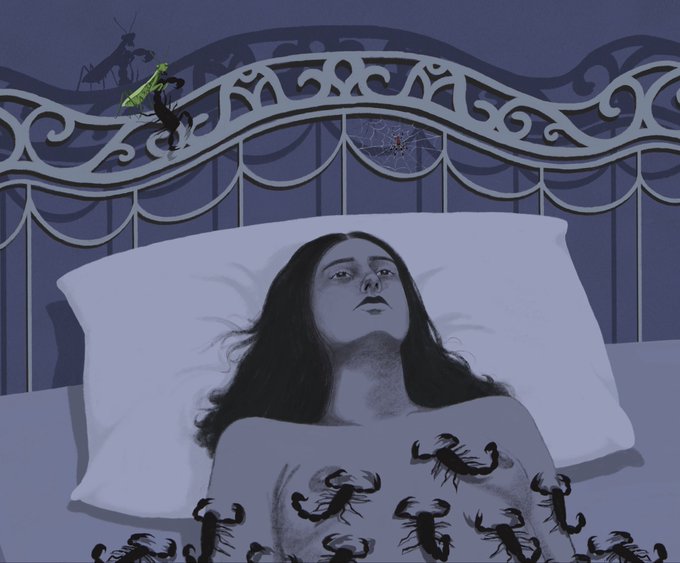 A dark, stylized illustration shows a woman lying in bed with her eyes open, surrounded by scorpions and other insects crawling across the bed and the ornate metal headboard.