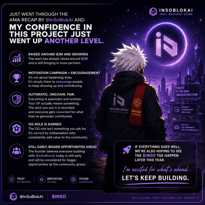 Promotional graphic for InSoBlokAI (@InSoBlokAI, $INSO) AMA recap titled 'MY CONFIDENCE IN THIS PROJECT JUST WENT UP ANOTHER LEVEL,' featuring an anime-style character and key points like $3M raised and a potential $INSO TGE later this year.