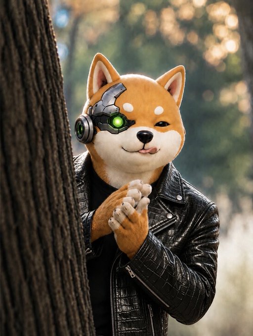 An anthropomorphic Shiba Inu dog wearing a black leather jacket and a futuristic cybernetic headset with a glowing green eye, leaning against a tree in a forest setting.