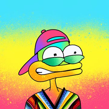 An animated character with green skin, bulging eyes, and a backwards purple and pink cap wears a colorful striped shirt against a grainy yellow and pink gradient background.