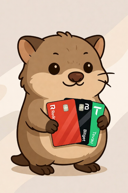 A cute cartoon otter/marmot character happily holds three crypto cards labeled "RedotPay," "Bitget," and "Tevau," visually representing the recommendation to use crypto cards (especially RedotPay) instead of simply holding cryptocurrency. The friendly mascot reinforces the post's message that beginners can easily make crypto usable in everyday life through accessible card services like RedotPay, which even comes with a $5 bonus.