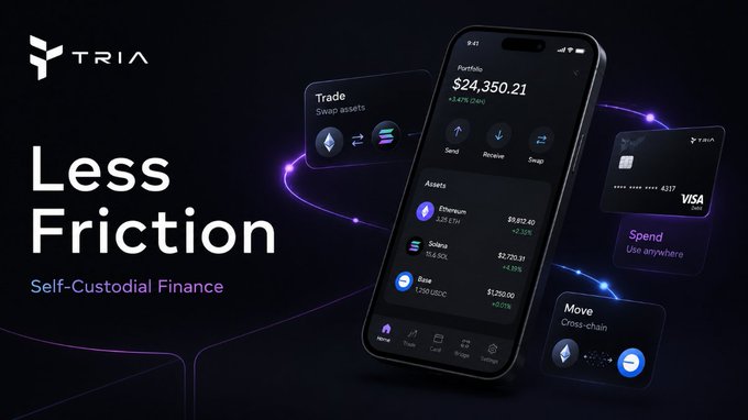 The image features a black smartphone with a large screen displaying an app called "TRIA" along with some text about self-custodial finance. The phone's screen shows various icons related to cryptocurrency, such as Bitcoin and Ethereum. The background of the image is dark, which contrasts with the white text on the phone's screen.