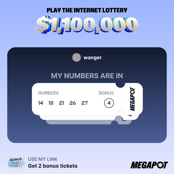 An advertisement for the Mega Pot internet lottery ($1,100,000 jackpot) shows a user named 'wanger' with their numbers (14, 18, 21, 26, 27, bonus 4) selected.