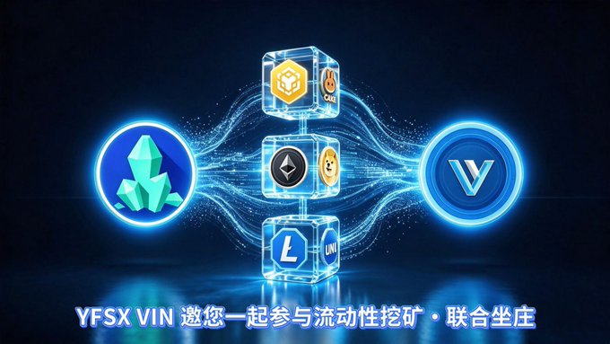 A promotional graphic for YFSX VIN features a digital cube displaying cryptocurrency tokens—including BNB, DODO, UNI, and others—flanked by glowing blue logos for Stone (YFSX) and Vin (VIN), with Chinese text reading "YFSX VIN invites you to participate in liquidity mining · joint staking," visually reinforcing the post's shift from passive trading to active liquidity provision.