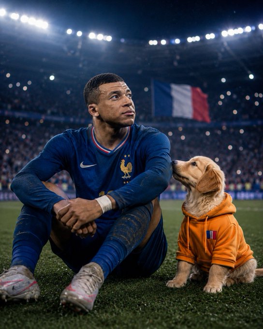 A soccer player in a blue France national team kit sits on the grass in a stadium, gazing upward while a golden retriever in an orange hoodie sits beside him looking at him.