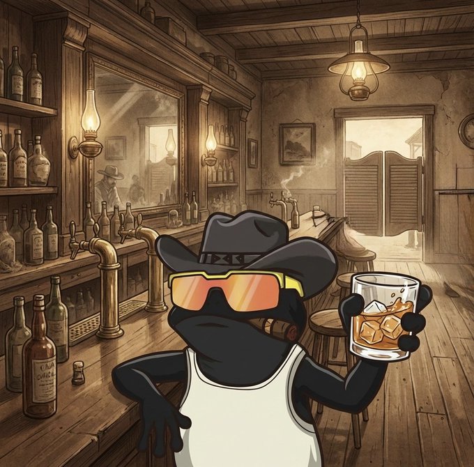 A cartoon black frog wearing a cowboy hat, orange sunglasses, and a white tank top holds a glass of whiskey with ice, with a cigar in its mouth, set against a detailed illustrated Wild West saloon interior.