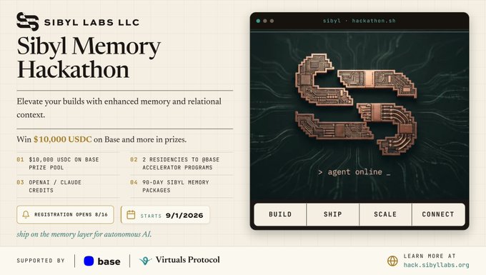 Promotional banner for 'Sibyl Memory Hackathon' by Sibyl Labs LLC, offering $10,000 USDC prize pool on Base, with registration opening 8/16 and starting 9/1/2026.