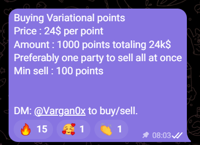 This image shows a message offering to buy 1,000 Variational Points at $24 per point, totaling $24k, with a minimum sell of 100 points. The accompanying post confirms this bid, following a previous deal.