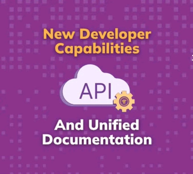 The image is a promotional graphic with a purple background featuring a grid pattern, announcing "New Developer Capabilities" at the top and "And Unified Documentation" at the bottom in white and yellow text, with a central white cloud icon displaying "API" alongside an orange gear symbol. This visual directly supports the accompanying post about Pi's developer updates, illustrating the new API-driven features like local storage support, staking data access, and file sharing capabilities, as well as the release of unified developer documentation that serves as a centralized technical resource hub for developers building on the Pi platform.