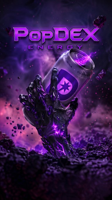 An advertisement-style graphic features a skeletal purple hand holding an energy can labeled 'PopDex Energy' with 'Taurina' and 'Guaraná' ingredients visible.