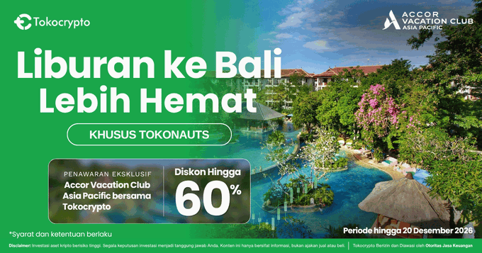 A promotional banner by Tokocrypto featuring Accor Vacation Club Asia Pacific, advertising an exclusive discount of up to 60% on Bali vacations for Tokonauts, valid until December 20, 2026, set against a tropical resort background.