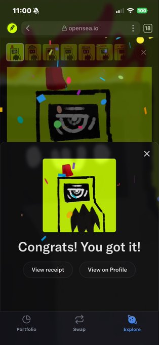 A mobile phone screenshot from opensea.io shows a digital collectible with the message 'Congrats! You got it!' and options to 'View receipt' or 'View on Profile'.