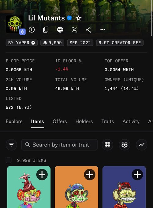 A screenshot of an NFT collection page on a marketplace showing 'Lil Mutants' by YAPER, with 9,999 items, a floor price of 0.0065 ETH, and cartoon monkey artwork below.