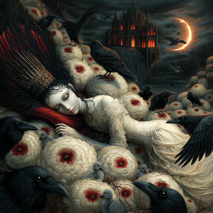 A dark fantasy artwork showing a pale woman with a crown sleeping among bulbous white growths with red centers, surrounded by black ravens and crows, with a gothic castle and crescent moon in the background.